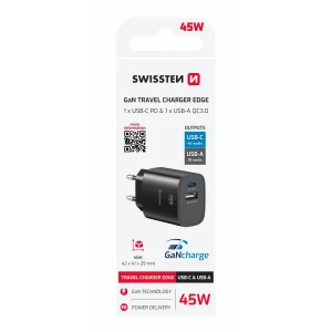 Încărcător de călătorie SWISSTEN EDGE GaN 1x USB-C PD 45W + 1x USB-A 18W QC NEGRU