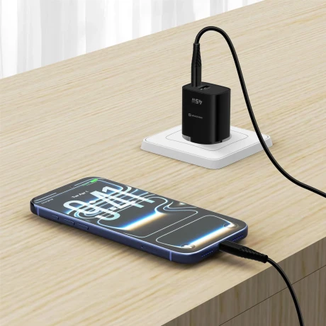 Încărcător de călătorie SWISSTEN EDGE GaN 1x USB-C PD 45W + 1x USB-A 18W QC NEGRU