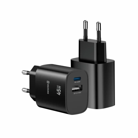 Încărcător de călătorie SWISSTEN EDGE GaN 1x USB-C PD 45W + 1x USB-A 18W QC NEGRU
