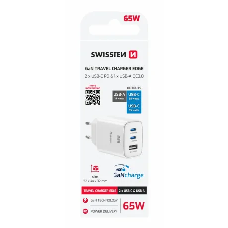 Încărcător de călătorie SWISSTEN EDGE GaN 2x USB-C PD 65W + 1x USB-A 18W QC ALB