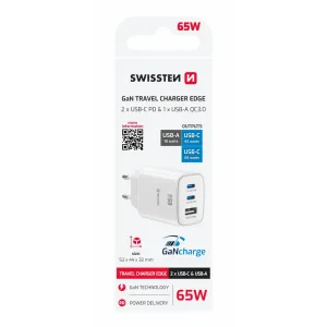 Încărcător de călătorie SWISSTEN EDGE GaN 2x USB-C PD 65W + 1x USB-A 18W QC ALB