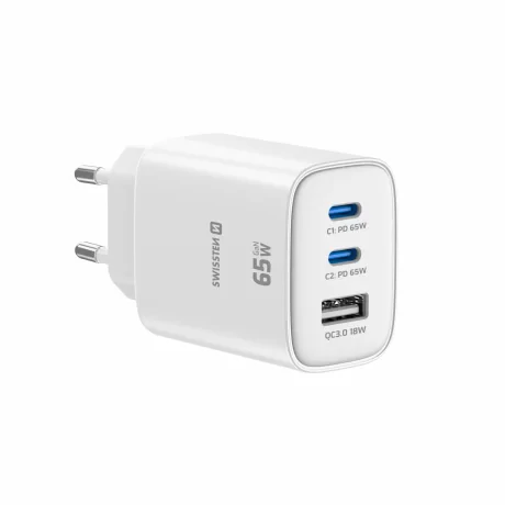Încărcător de călătorie SWISSTEN EDGE GaN 2x USB-C PD 65W + 1x USB-A 18W QC ALB