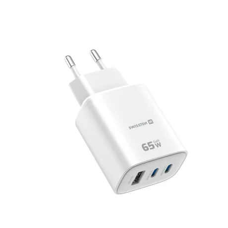 Încărcător de călătorie SWISSTEN EDGE GaN 2x USB-C PD 65W + 1x USB-A 18W QC ALB