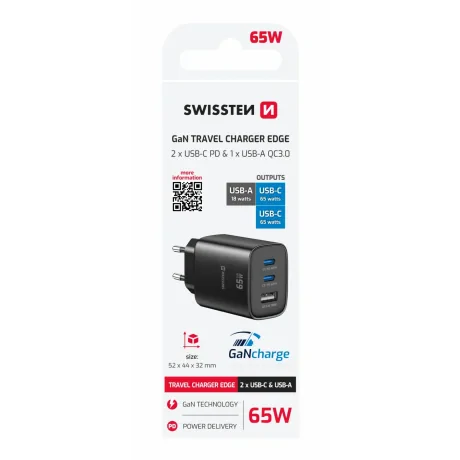 Încărcător de călătorie SWISSTEN EDGE GaN 2x USB-C PD 65W + 1x USB-A 18W QC NEGRU