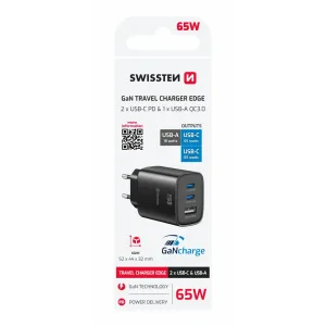 Încărcător de călătorie SWISSTEN EDGE GaN 2x USB-C PD 65W + 1x USB-A 18W QC NEGRU