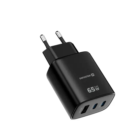 Încărcător de călătorie SWISSTEN EDGE GaN 2x USB-C PD 65W + 1x USB-A 18W QC NEGRU