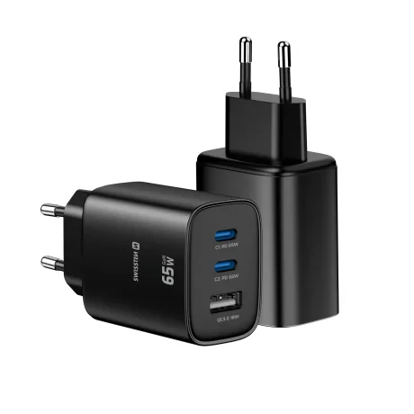 Încărcător de călătorie SWISSTEN EDGE GaN 2x USB-C PD 65W + 1x USB-A 18W QC NEGRU