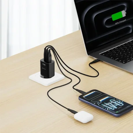 Încărcător de călătorie SWISSTEN EDGE GaN 2x USB-C PD 65W + 1x USB-A 18W QC NEGRU