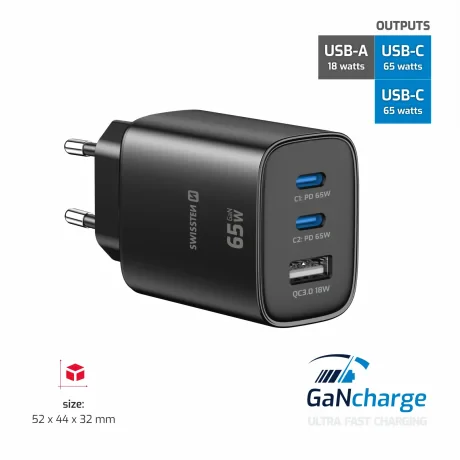 Încărcător de călătorie SWISSTEN EDGE GaN 2x USB-C PD 65W + 1x USB-A 18W QC NEGRU