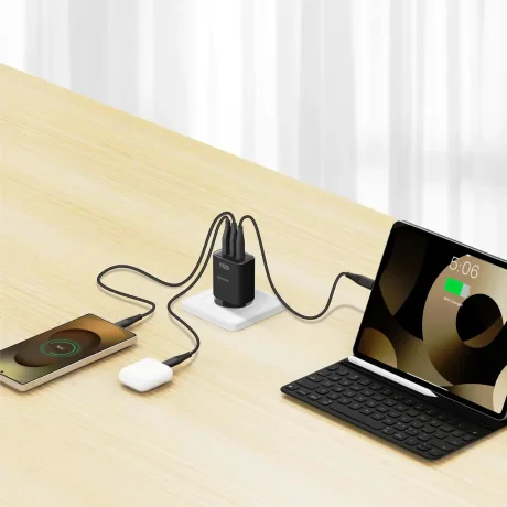 Încărcător de călătorie SWISSTEN EDGE GaN 2x USB-C PD 65W + 1x USB-A 18W QC NEGRU