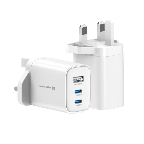 Încărcător de călătorie SWISSTEN EDGE GaN 2x USB-C PD 65W + 1x USB-A 18W QC, pentru priză UK, alb