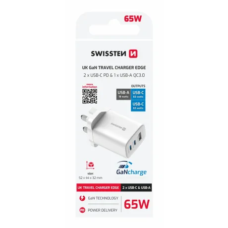 Încărcător de călătorie SWISSTEN EDGE GaN 2x USB-C PD 65W + 1x USB-A 18W QC, pentru priză UK, alb