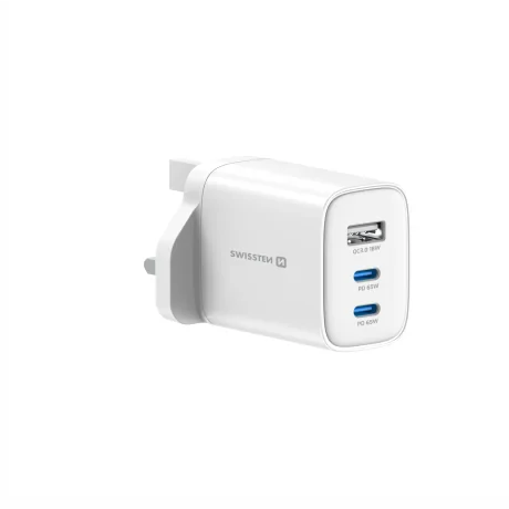 Încărcător de călătorie SWISSTEN EDGE GaN 2x USB-C PD 65W + 1x USB-A 18W QC, pentru priză UK, alb