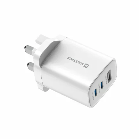 Încărcător de călătorie SWISSTEN EDGE GaN 2x USB-C PD 65W + 1x USB-A 18W QC, pentru priză UK, alb