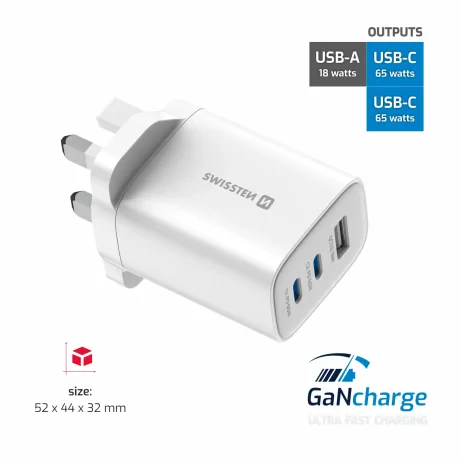 Încărcător de călătorie SWISSTEN EDGE GaN 2x USB-C PD 65W + 1x USB-A 18W QC, pentru priză UK, alb