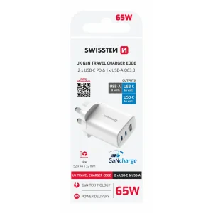 Încărcător de călătorie SWISSTEN EDGE GaN 2x USB-C PD 65W + 1x USB-A 18W QC, pentru priză UK, alb