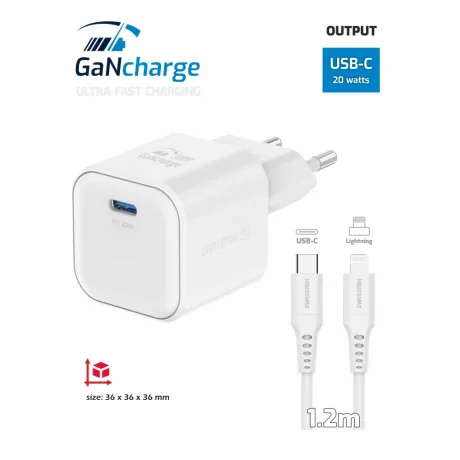 Încărcător de călătorie SWISSTEN GaN 1x USB-C 20W Alimentare Alb + Cablu de date USB-C/LIGHTNING 1.2M Alb