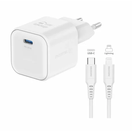Încărcător de călătorie SWISSTEN GaN 1x USB-C 20W Alimentare Alb + Cablu de date USB-C/LIGHTNING 1.2M Alb