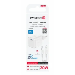 Încărcător de călătorie SWISSTEN GaN 1x USB-C 20W Alimentare Alb + Cablu de date USB-C/LIGHTNING 1.2M Alb