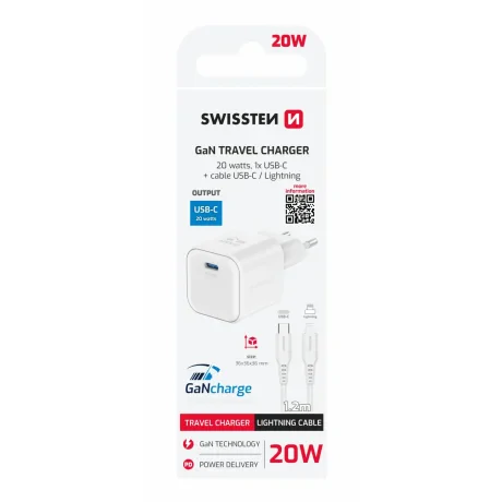 Încărcător de călătorie SWISSTEN GaN 1x USB-C 20W Alimentare Alb + Cablu de date USB-C/LIGHTNING 1.2M Alb