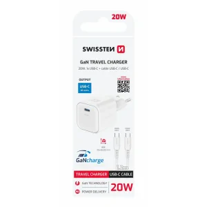 Încărcător de călătorie SWISSTEN GaN 1x USB-C 20W Alimentare Alb + Cablu de date USB-C/USB-C 1.2 M Alb