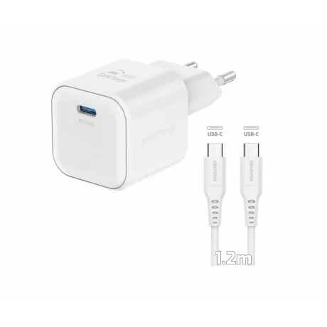 Încărcător de călătorie SWISSTEN GaN 1x USB-C 20W Alimentare Alb + Cablu de date USB-C/USB-C 1.2 M Alb
