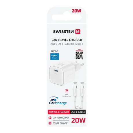 Încărcător de călătorie SWISSTEN GaN 1x USB-C 20W Alimentare Alb + Cablu de date USB-C/USB-C 1.2 M Alb