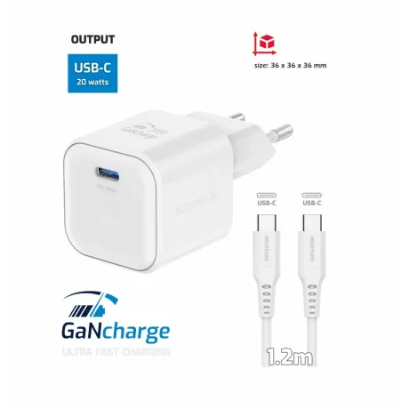 Încărcător de călătorie SWISSTEN GaN 1x USB-C 20W Alimentare Alb + Cablu de date USB-C/USB-C 1.2 M Alb