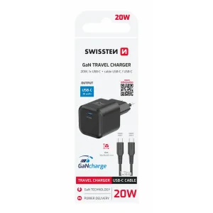 Încărcător de călătorie SWISSTEN GaN 1x USB-C 20W Alimentare Negru + Cablu de date USB-C/USB-C 1.2 M Negru