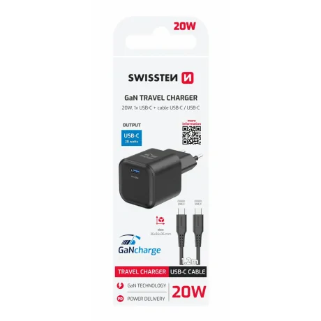 Încărcător de călătorie SWISSTEN GaN 1x USB-C 20W Alimentare Negru + Cablu de date USB-C/USB-C 1.2 M Negru