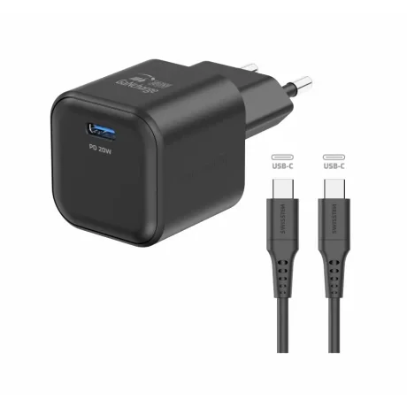 Încărcător de călătorie SWISSTEN GaN 1x USB-C 20W Alimentare Negru + Cablu de date USB-C/USB-C 1.2 M Negru