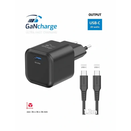 Încărcător de călătorie SWISSTEN GaN 1x USB-C 20W Alimentare Negru + Cablu de date USB-C/USB-C 1.2 M Negru
