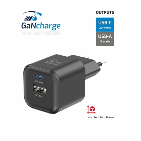Încărcător de călătorie SWISSTEN GaN 1x USB-C 20W PD + 1x USB-A 18W QC NEGRU