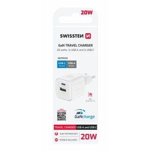 Încărcător de călătorie SWISSTEN GaN 1x USB-C 20W PD și 1x USB-A 18W QC ALB