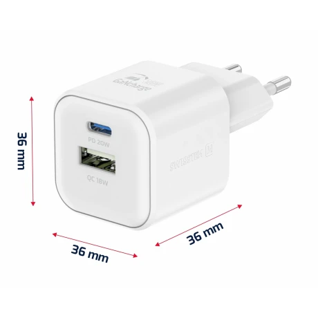Încărcător de călătorie SWISSTEN GaN 1x USB-C 20W PD și 1x USB-A 18W QC ALB