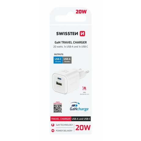 Încărcător de călătorie SWISSTEN GaN 1x USB-C 20W PD și 1x USB-A 18W QC ALB