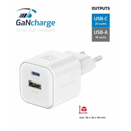 Încărcător de călătorie SWISSTEN GaN 1x USB-C 20W PD și 1x USB-A 18W QC ALB