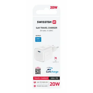 Încărcător de călătorie SWISSTEN GaN 1x USB-C 20W, putere de alimentare, alb