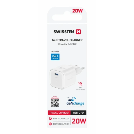 Încărcător de călătorie SWISSTEN GaN 1x USB-C 20W, putere de alimentare, alb