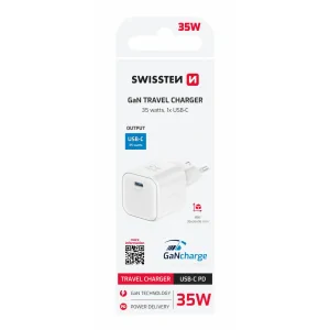 Încărcător de călătorie SWISSTEN GaN 1x USB-C 35W, alb