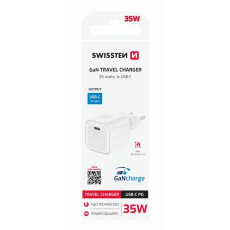 Încărcător de călătorie SWISSTEN GaN 1x USB-C 35W, alb