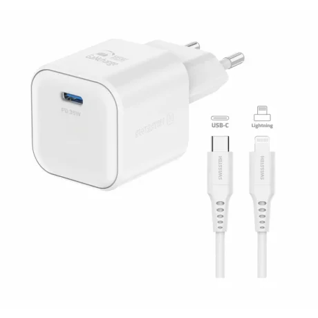 Încărcător de călătorie SWISSTEN GaN 1x USB-C 35W Alimentare Alb + Cablu de date USB-C/LIGHTNING 1.2M Alb