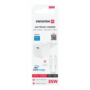 Încărcător de călătorie SWISSTEN GaN 1x USB-C 35W Alimentare Alb + Cablu de date USB-C/USB-C 1.2 M Alb