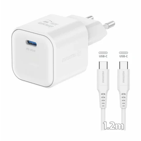 Încărcător de călătorie SWISSTEN GaN 1x USB-C 35W Alimentare Alb + Cablu de date USB-C/USB-C 1.2 M Alb