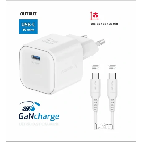 Încărcător de călătorie SWISSTEN GaN 1x USB-C 35W Alimentare Alb + Cablu de date USB-C/USB-C 1.2 M Alb
