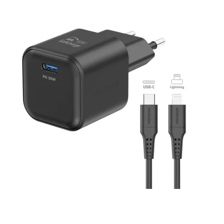 Încărcător de călătorie SWISSTEN GaN 1x USB-C 35W Alimentare Negru + Cablu de date USB-C/LIGHTNING 1.2M Negru
