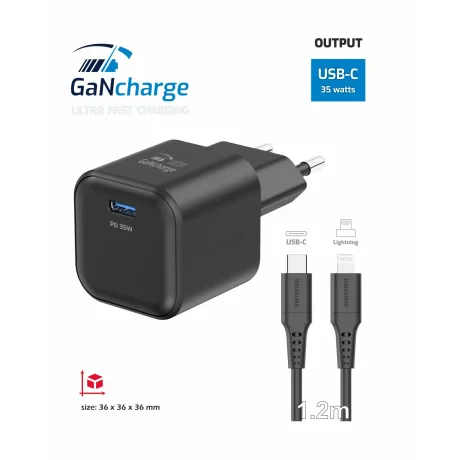 Încărcător de călătorie SWISSTEN GaN 1x USB-C 35W Alimentare Negru + Cablu de date USB-C/LIGHTNING 1.2M Negru