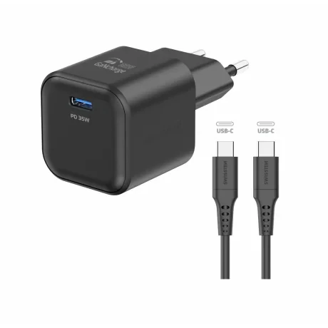 Încărcător de călătorie SWISSTEN GaN 1x USB-C 35W Alimentare Negru + Cablu de date USB-C/USB-C 1.2 M Negru