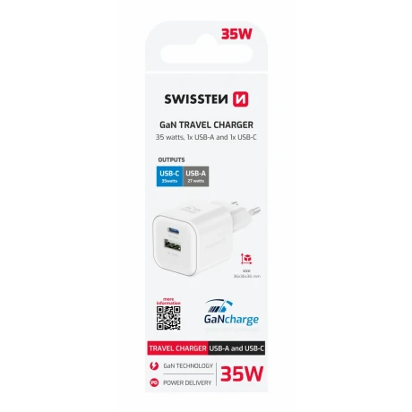 Încărcător de călătorie SWISSTEN GaN 1x USB-C 35W PD + 1x USB-A 27W QC ALB