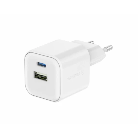 Încărcător de călătorie SWISSTEN GaN 1x USB-C 35W PD + 1x USB-A 27W QC ALB